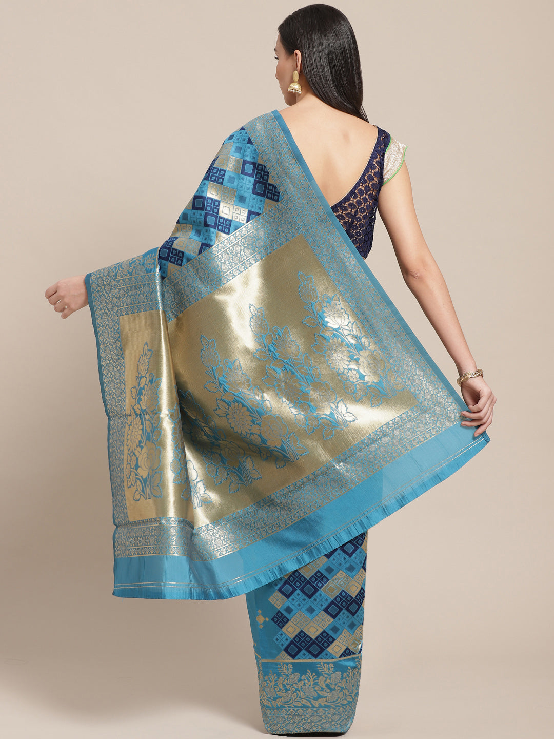 Blue Kanjiwaram inspired Silk Saree with Garchola Checked Weaving and Ethnic Motifs