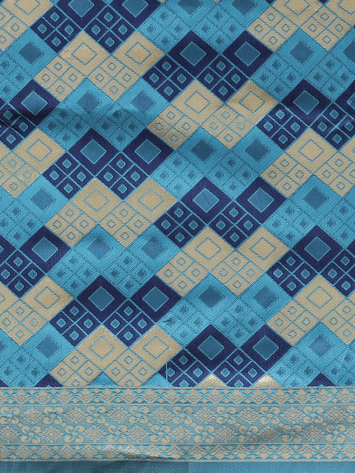 Blue Kanjiwaram inspired Silk Saree with Garchola Checked Weaving and Ethnic Motifs