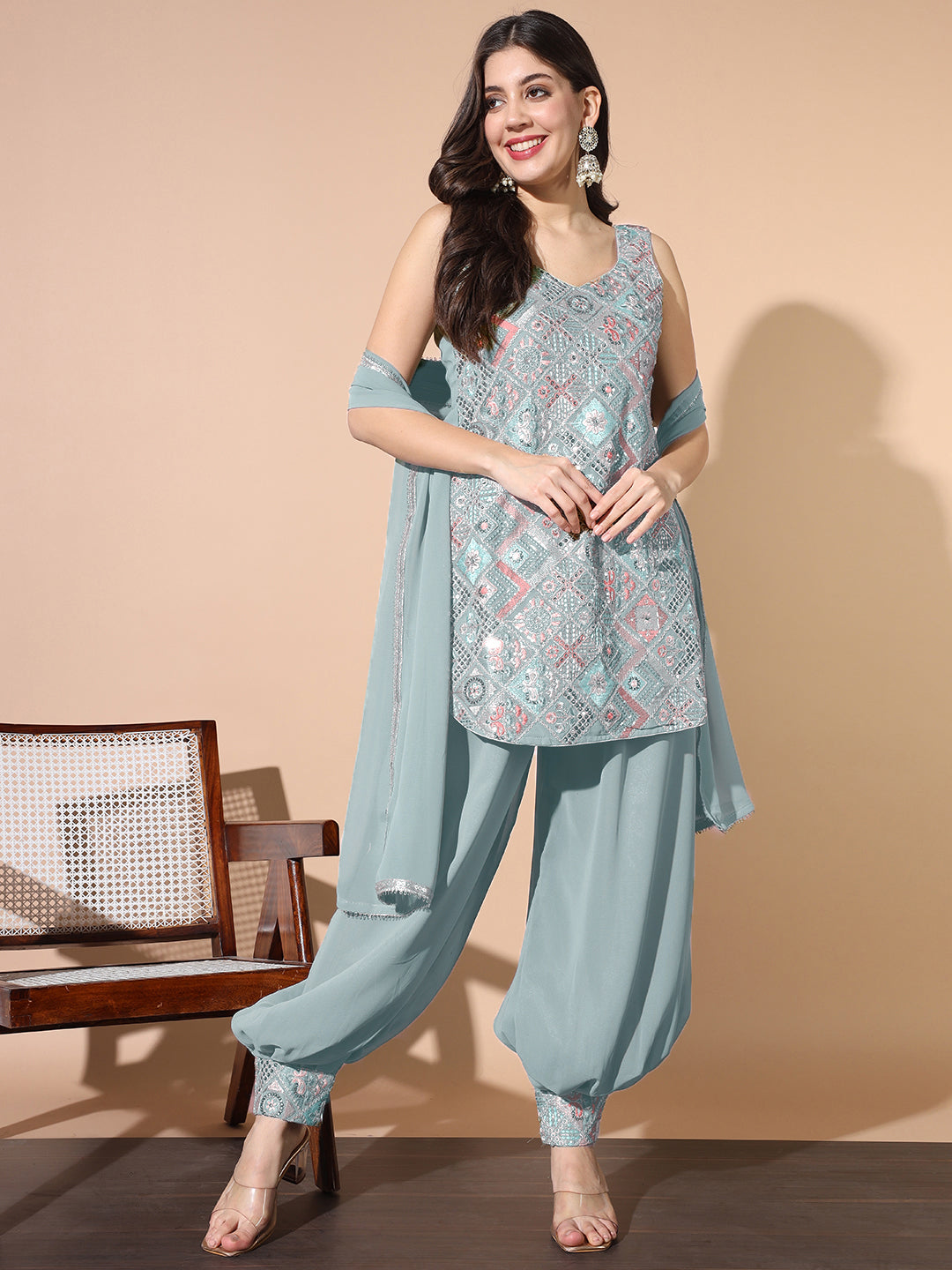 Powder Blue Resham Embroidered Pathani Kurta Set & Afghan Salwar