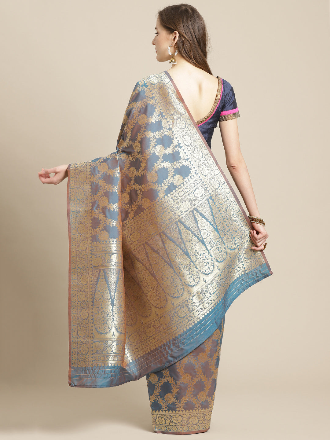 Banarasi Handloom Saree with Gold Zari Oxidised Dark Floral Weaving and Heavy Rich Pallu