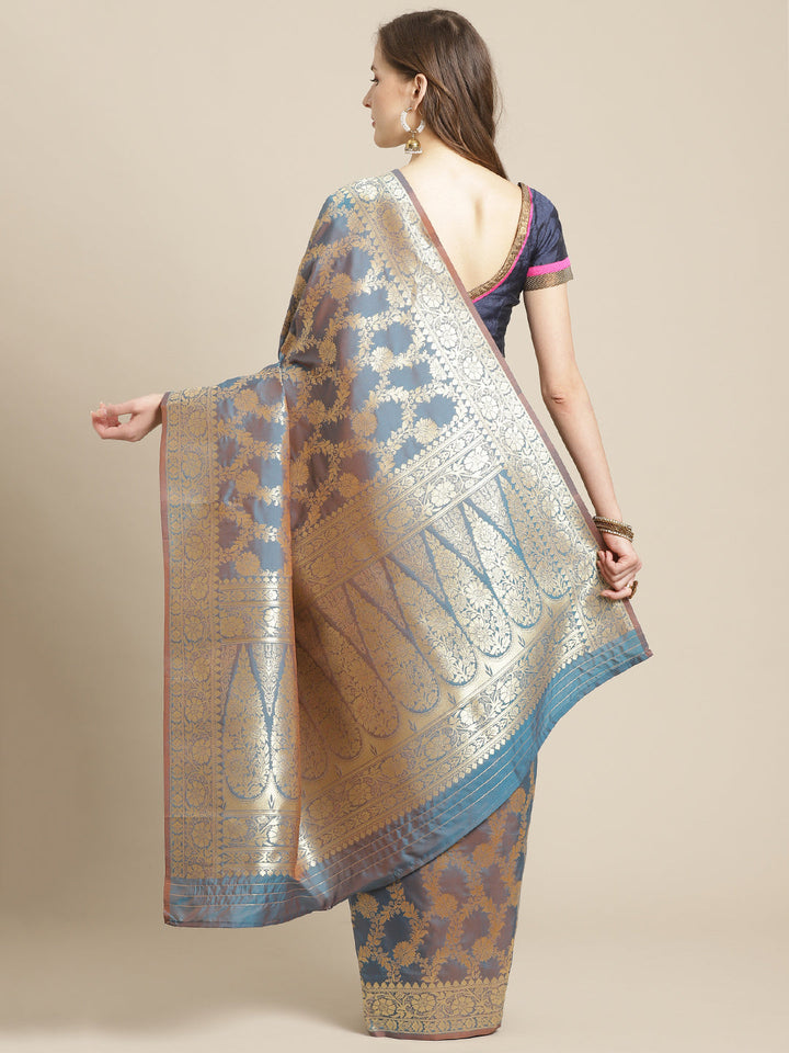 Banarasi Handloom Saree with Gold Zari Oxidised Dark Floral Weaving and Heavy Rich Pallu