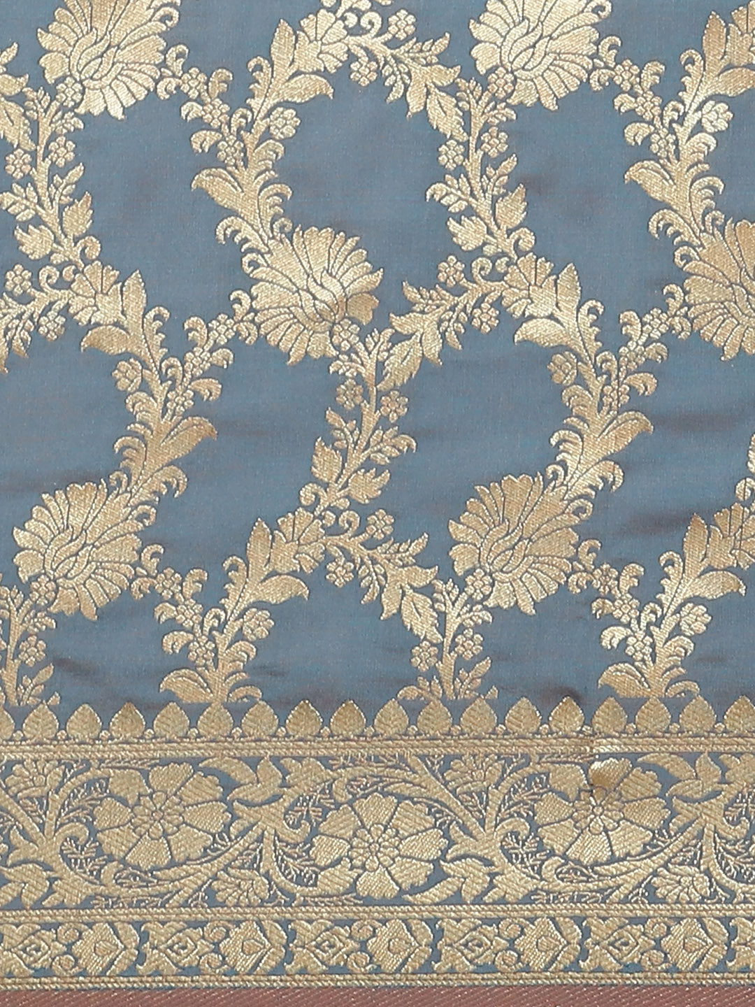 Banarasi Handloom Saree with Gold Zari Oxidised Dark Floral Weaving and Heavy Rich Pallu