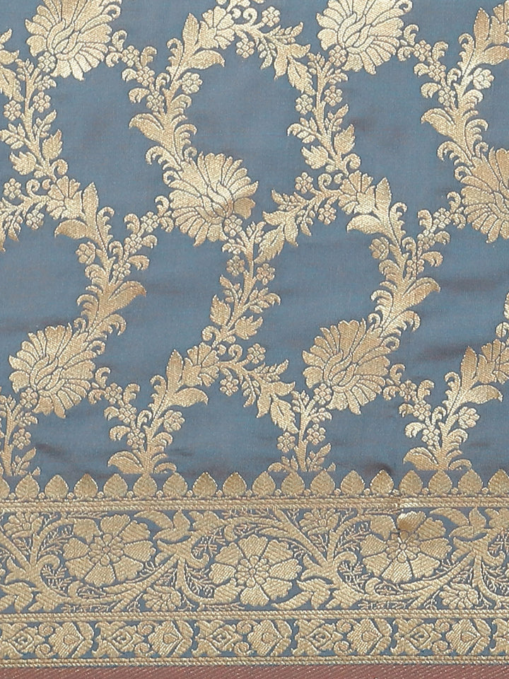 Banarasi Handloom Saree with Gold Zari Oxidised Dark Floral Weaving and Heavy Rich Pallu