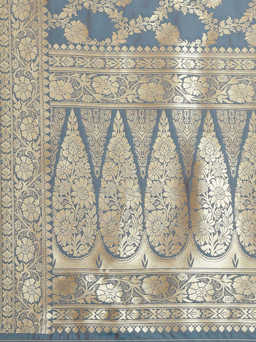Banarasi Handloom Saree with Gold Zari Oxidised Dark Floral Weaving and Heavy Rich Pallu