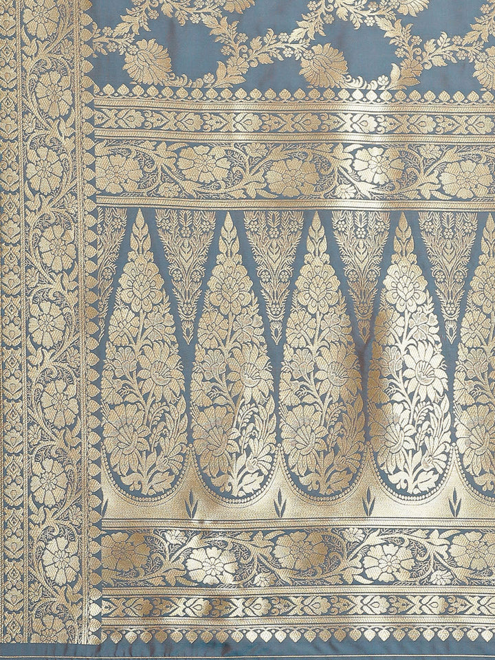 Banarasi Handloom Saree with Gold Zari Oxidised Dark Floral Weaving and Heavy Rich Pallu