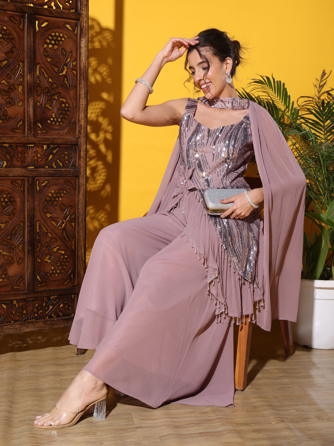 Chhabra 555 Sequinned Assymetical Tassled Kurta Palazzo Set with Embelllished Pre-pleated Dupatta