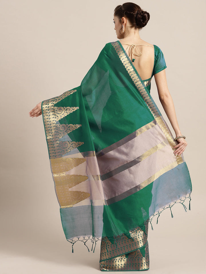 Red Banarasi Handloom Silk Saree with Gold Temple pattern and Paisley border