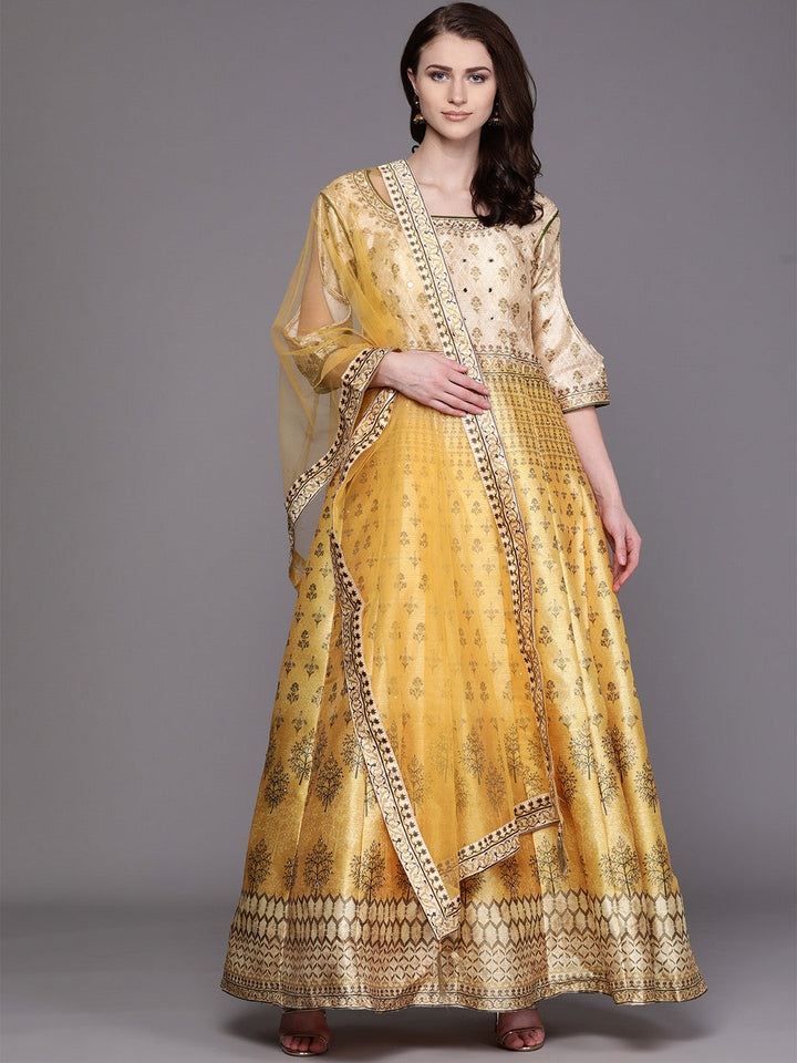 Anarkali Cocktail Gown with Bohemian Print and Mirror embellishments