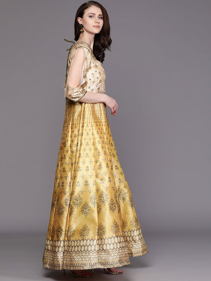Anarkali Cocktail Gown with Bohemian Print and Mirror embellishments