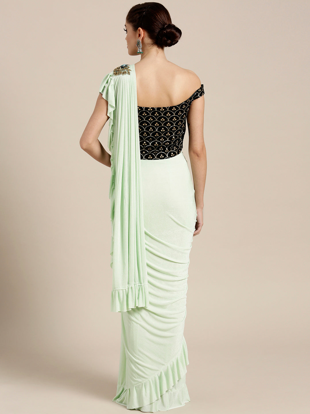 Draped Ruffled Pre-stitched Saree with Velvet Sequin Embellished Crop Top Blouse