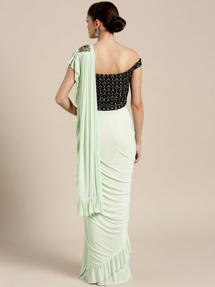 Draped Ruffled Pre-stitched Saree with Velvet Sequin Embellished Crop Top Blouse