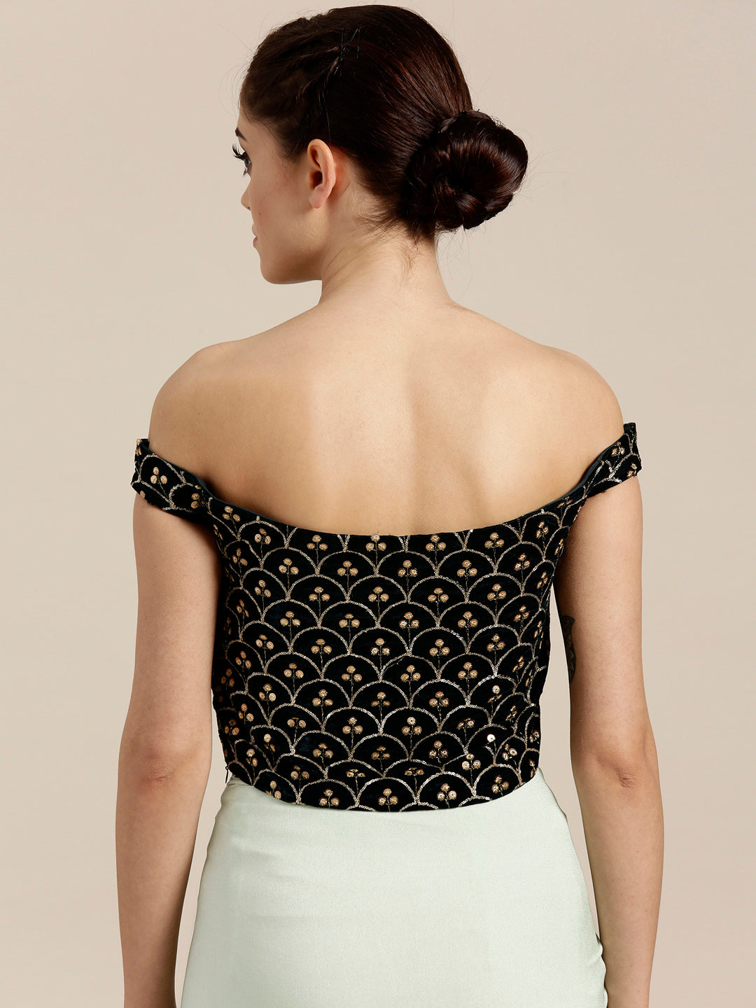 Draped Ruffled Pre-stitched Saree with Velvet Sequin Embellished Crop Top Blouse