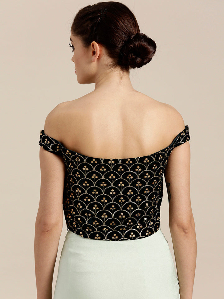 Draped Ruffled Pre-stitched Saree with Velvet Sequin Embellished Crop Top Blouse