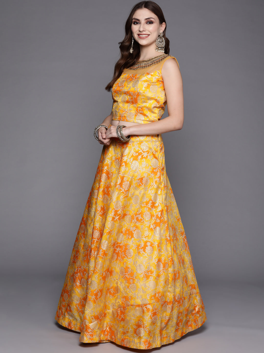 Mustard Floral Printed Silk Lehenga Set & Embellished Neckline