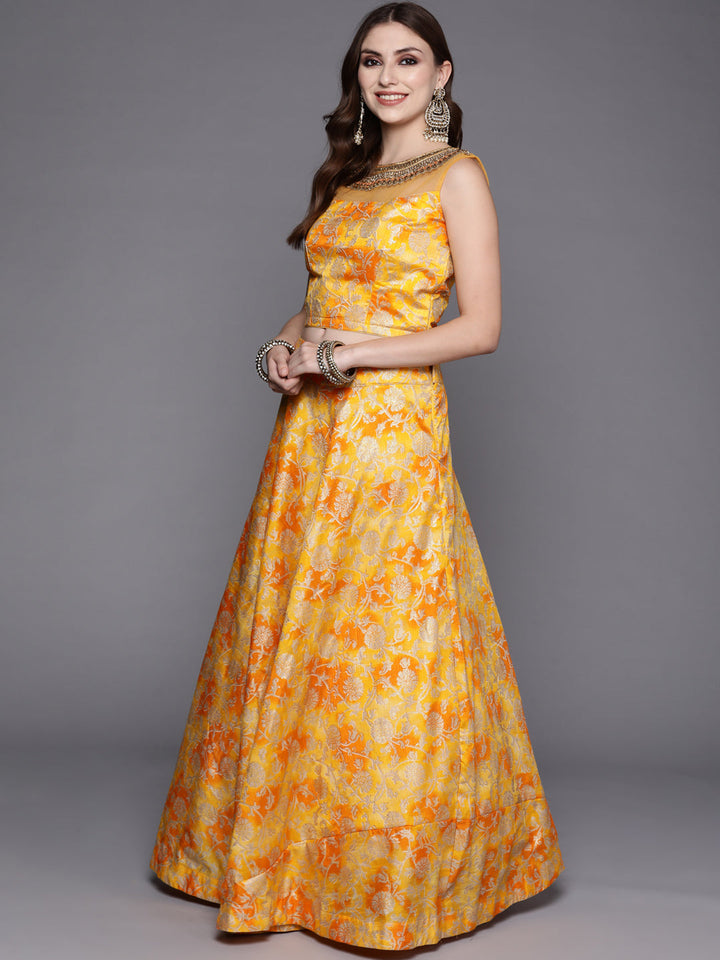 Mustard Floral Printed Silk Lehenga Set & Embellished Neckline