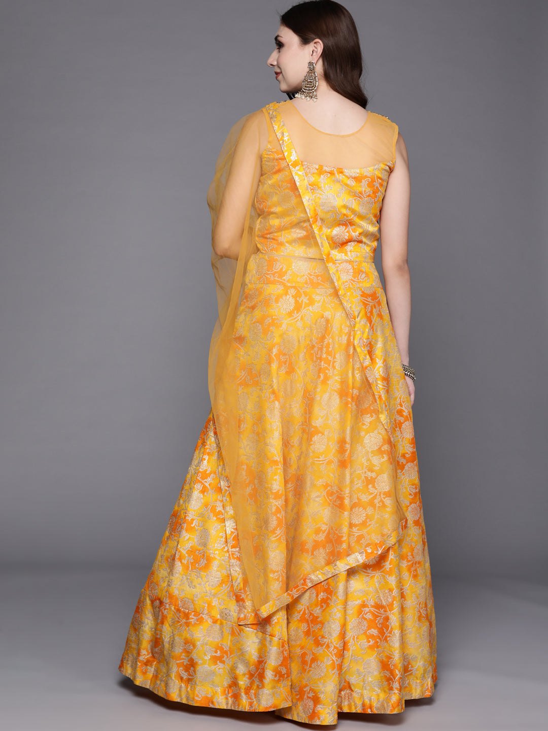 Mustard Floral Printed Silk Lehenga Set & Embellished Neckline