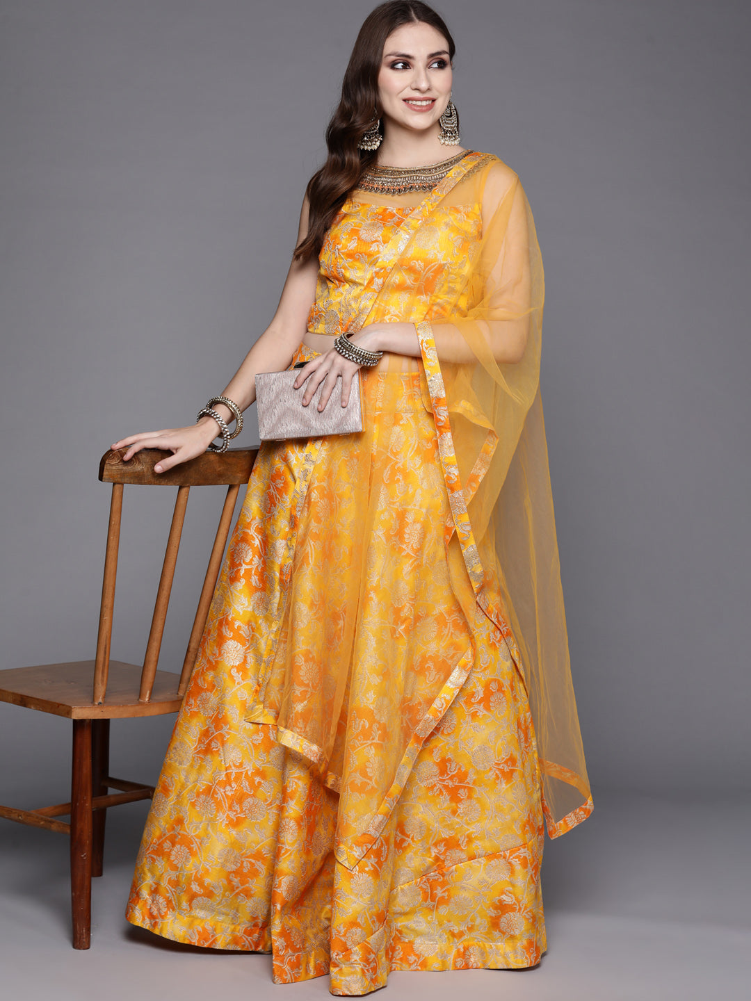 Mustard Floral Printed Silk Lehenga Set & Embellished Neckline
