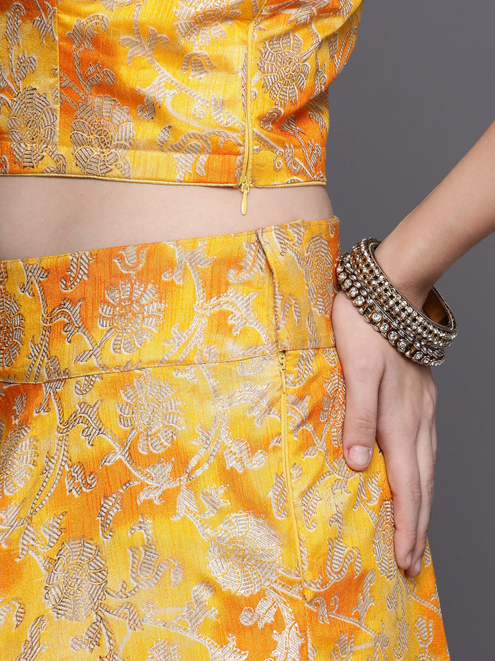 Mustard Floral Printed Silk Lehenga Set & Embellished Neckline