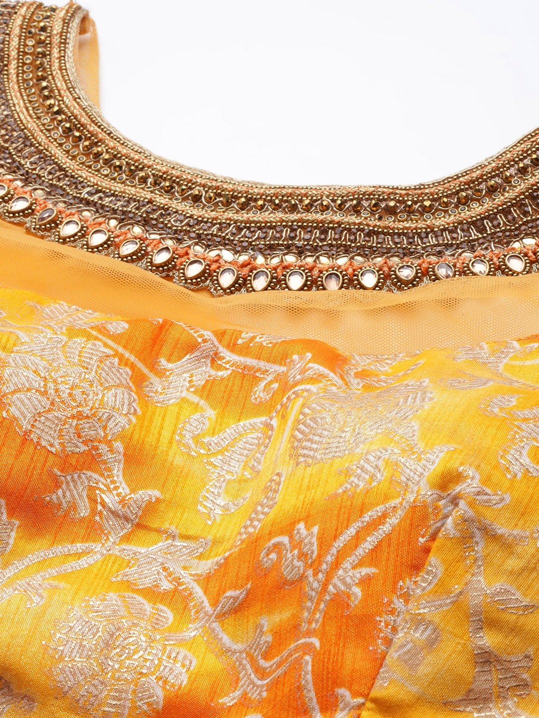 Mustard Floral Printed Silk Lehenga Set & Embellished Neckline