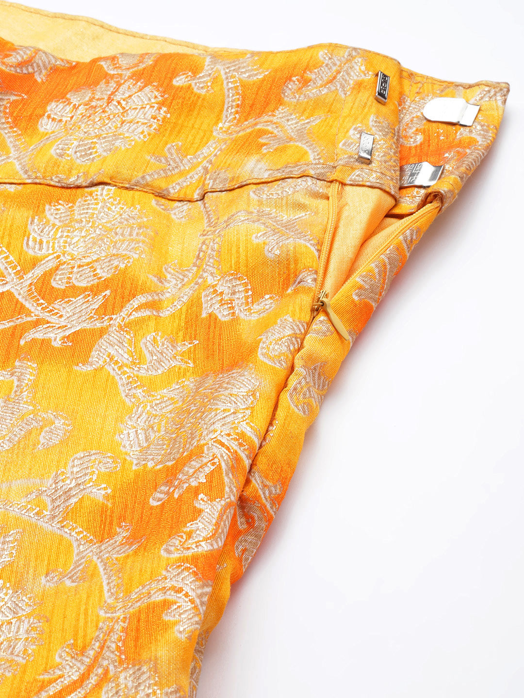 Mustard Floral Printed Silk Lehenga Set & Embellished Neckline