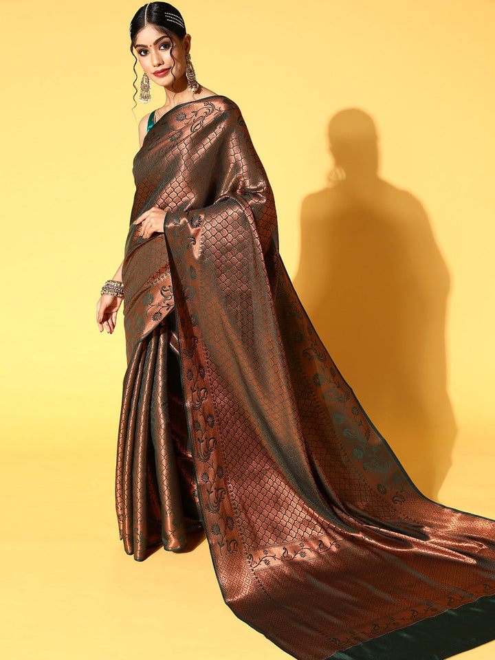 Bottle Green Oxidised Zari Handloom Silk Saree With Ethnic Motifs
