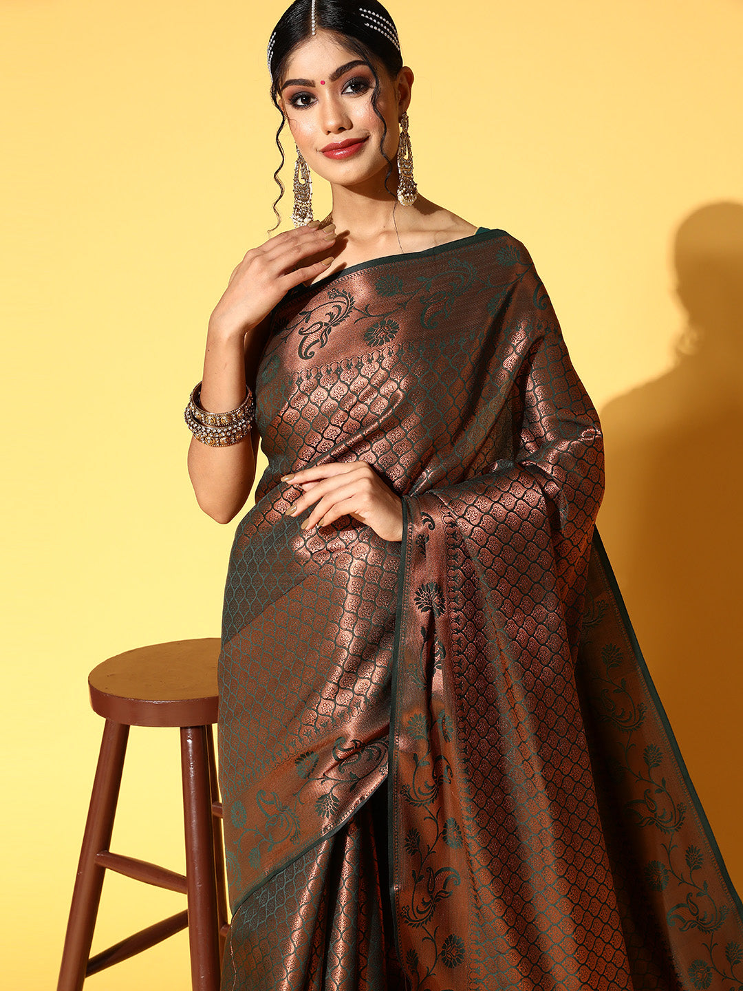 Bottle Green Oxidised Zari Handloom Silk Saree With Ethnic Motifs