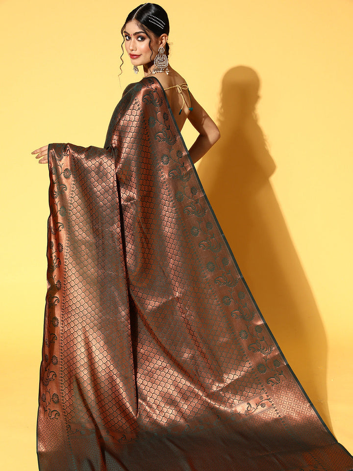 Bottle Green Oxidised Zari Handloom Silk Saree With Ethnic Motifs