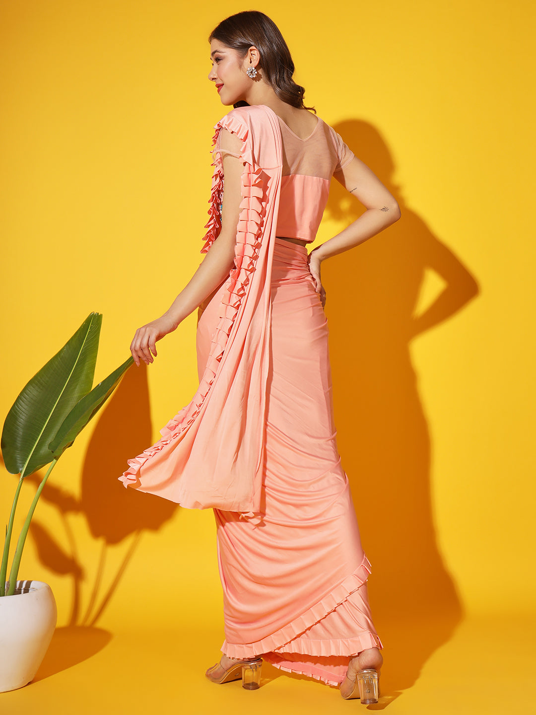 Draped Lycra Saree with Resham, Zari and Mirror Embellished Blouse