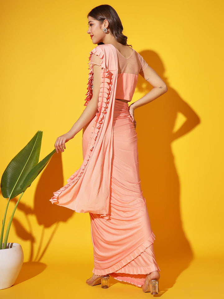 Draped Lycra Saree with Resham, Zari and Mirror Embellished Blouse