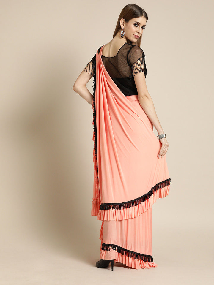Peach Draped Ruffled Pre-stitched Saree with Tassled Sequin Embroidered Crop Top Blouse
