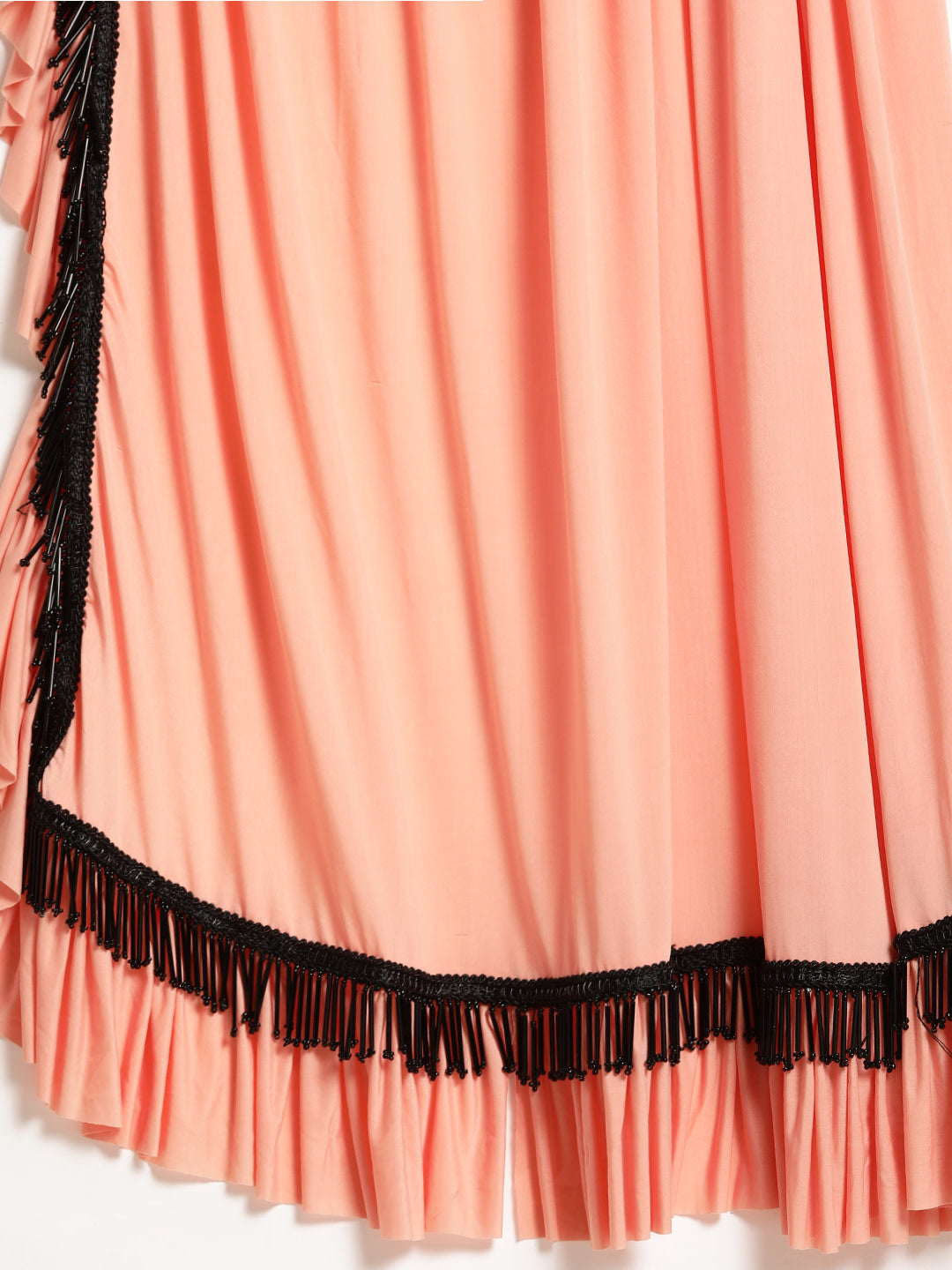 Peach Draped Ruffled Pre-stitched Saree with Tassled Sequin Embroidered Crop Top Blouse
