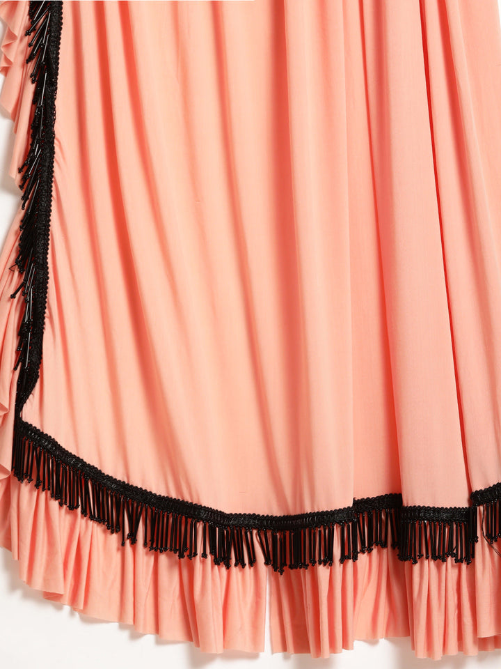 Peach Draped Ruffled Pre-stitched Saree with Tassled Sequin Embroidered Crop Top Blouse