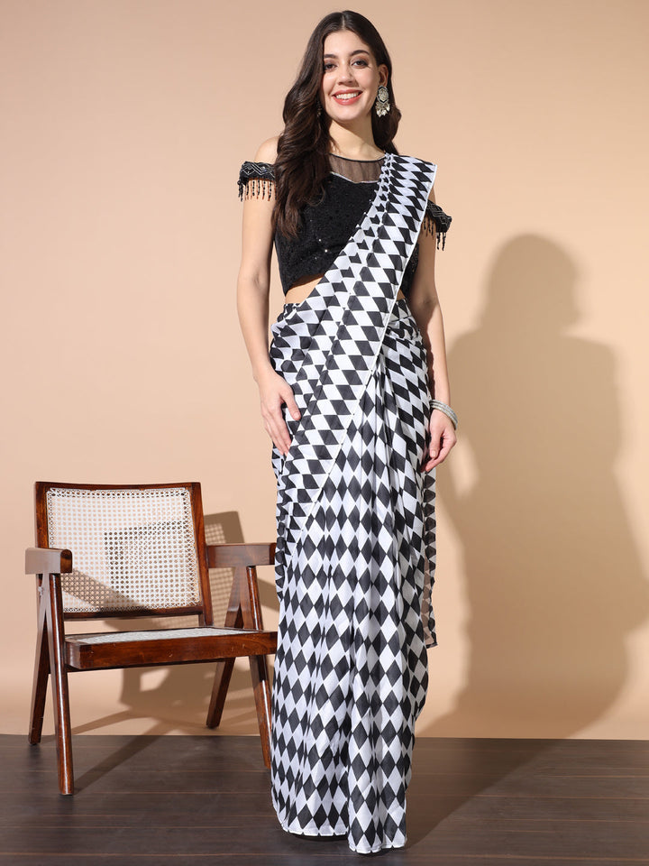 Draped Geometrical Print Saree with Sequinned Cold Shoulder Blouse