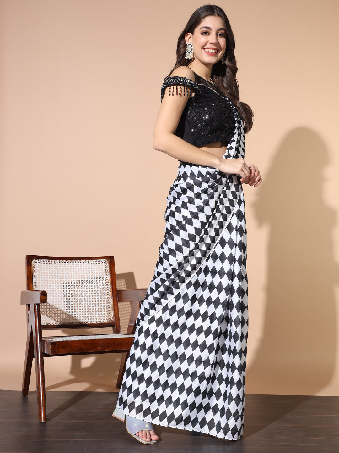 Draped Geometrical Print Saree with Sequinned Cold Shoulder Blouse