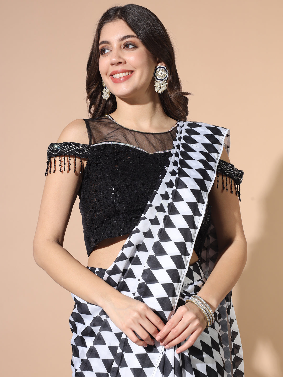 Draped Geometrical Print Saree with Sequinned Cold Shoulder Blouse