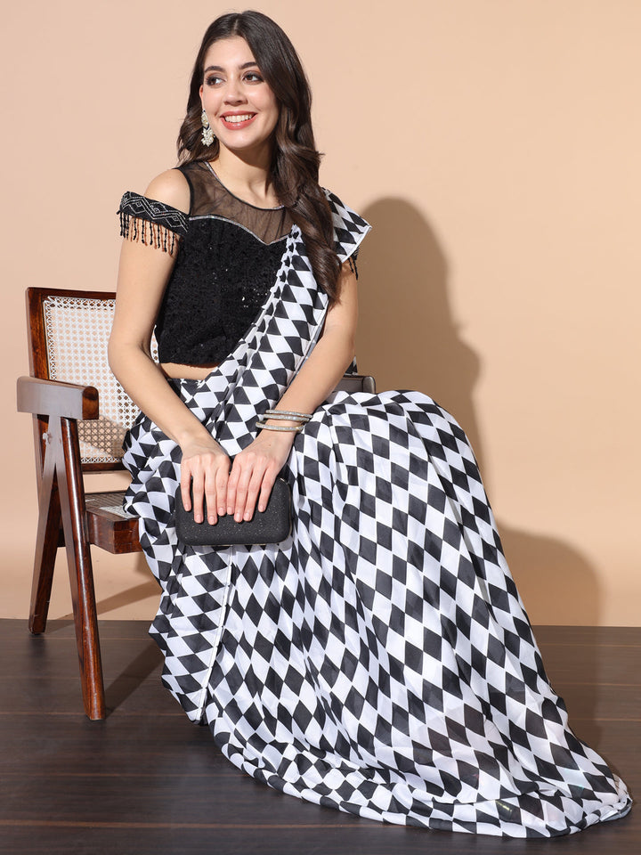 Draped Geometrical Print Saree with Sequinned Cold Shoulder Blouse
