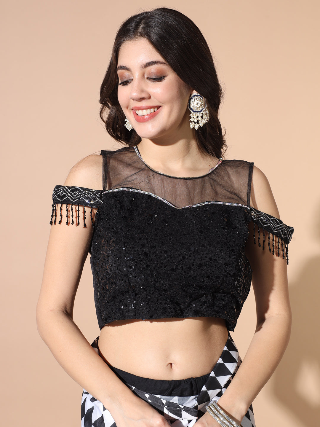 Draped Geometrical Print Saree with Sequinned Cold Shoulder Blouse