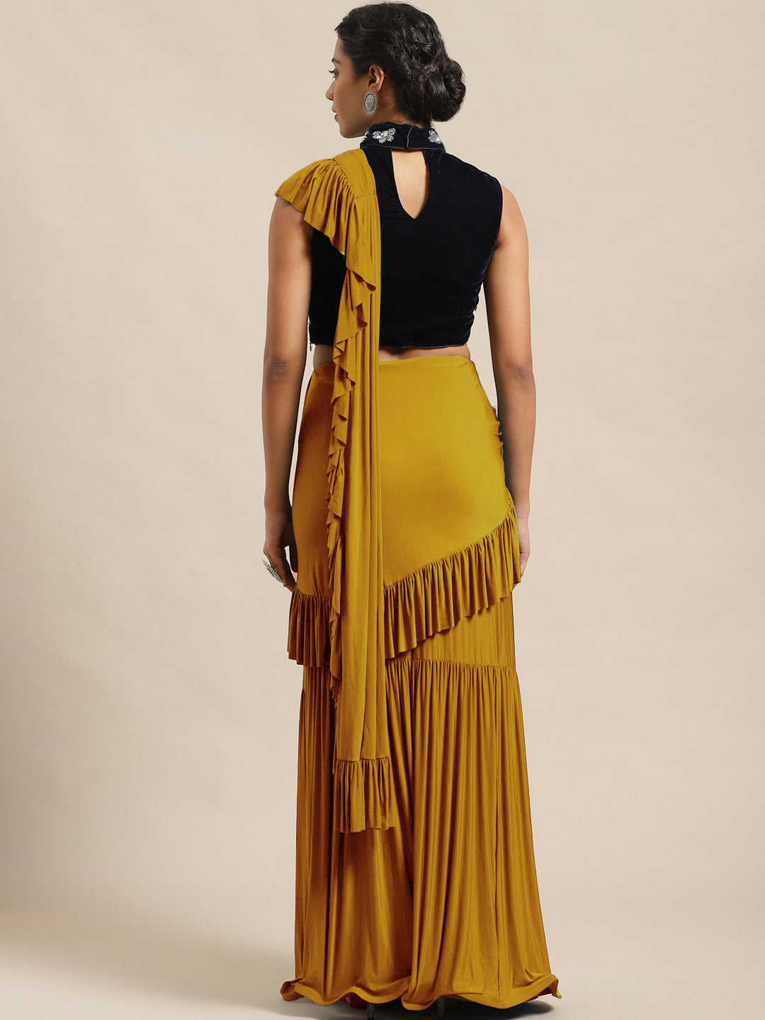 Ruffled Pre-Draped Lycra Saree with Frills and Cutdana Velvet Blouse