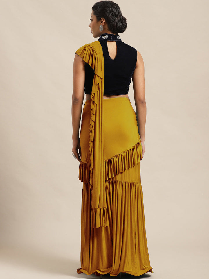 Ruffled Pre-Draped Lycra Saree with Frills and Cutdana Velvet Blouse