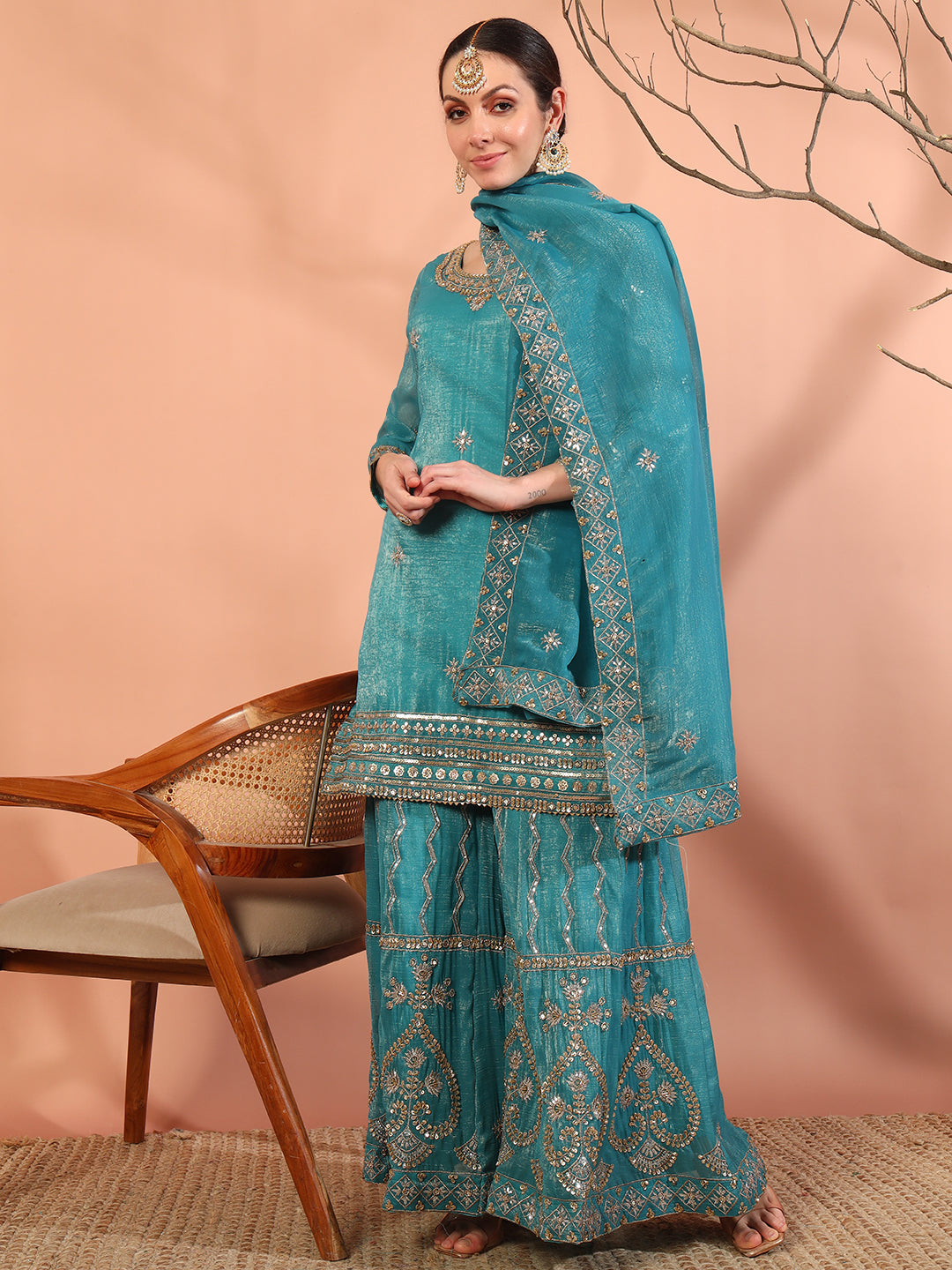 Chhabra 555 Turqoise Blue Sequin,Cut-Dana & Aari Embroidery Kurta Palazzo Set & Ambi Ethnic Motifs