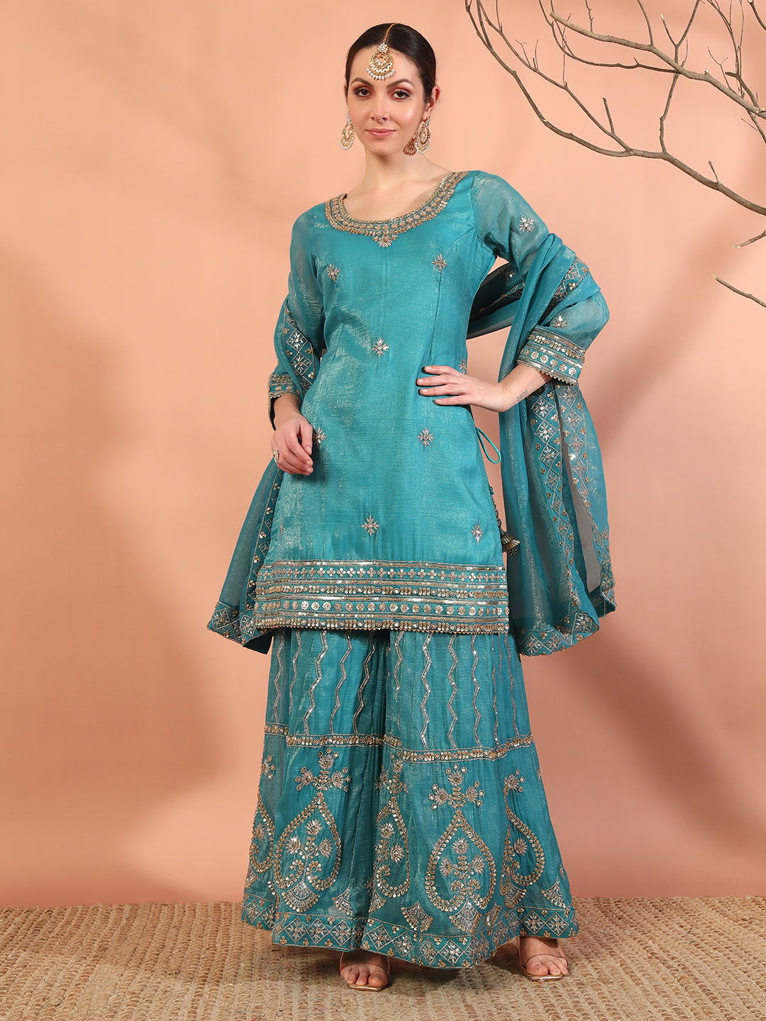 Turquoise Blue Sequin,Cut-Dana & Aari Embroidery Kurta Palazzo Set & Ambi Ethnic Motifs
