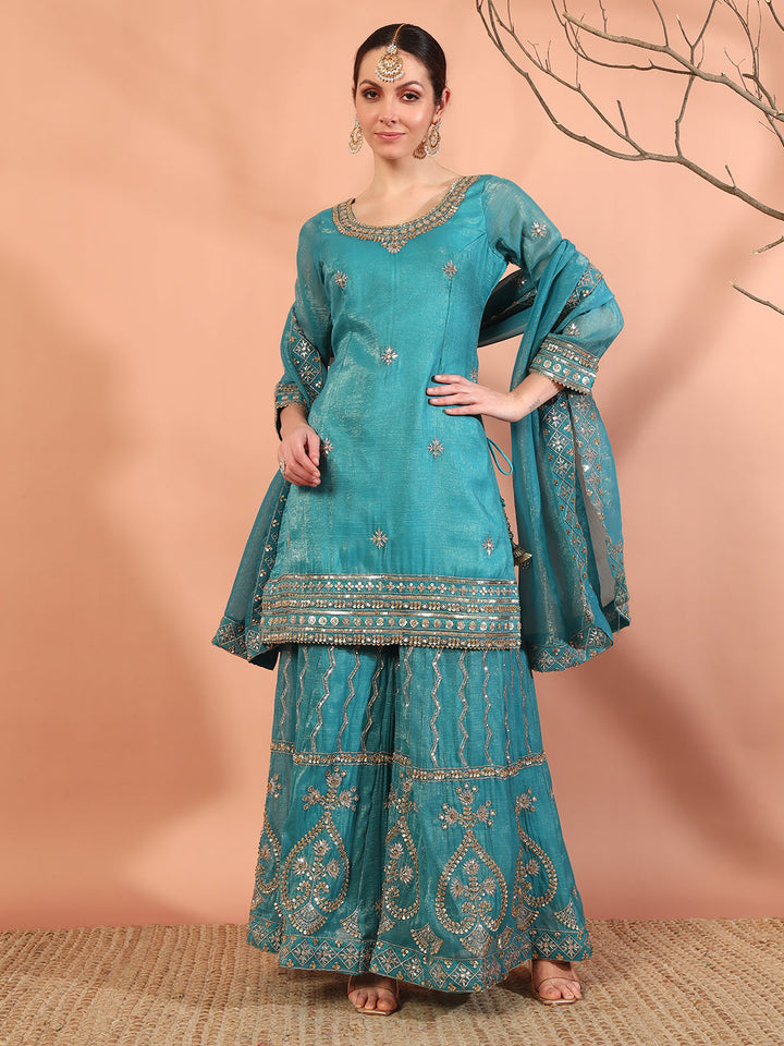 Turquoise Blue Sequin,Cut-Dana & Aari Embroidery Kurta Palazzo Set & Ambi Ethnic Motifs