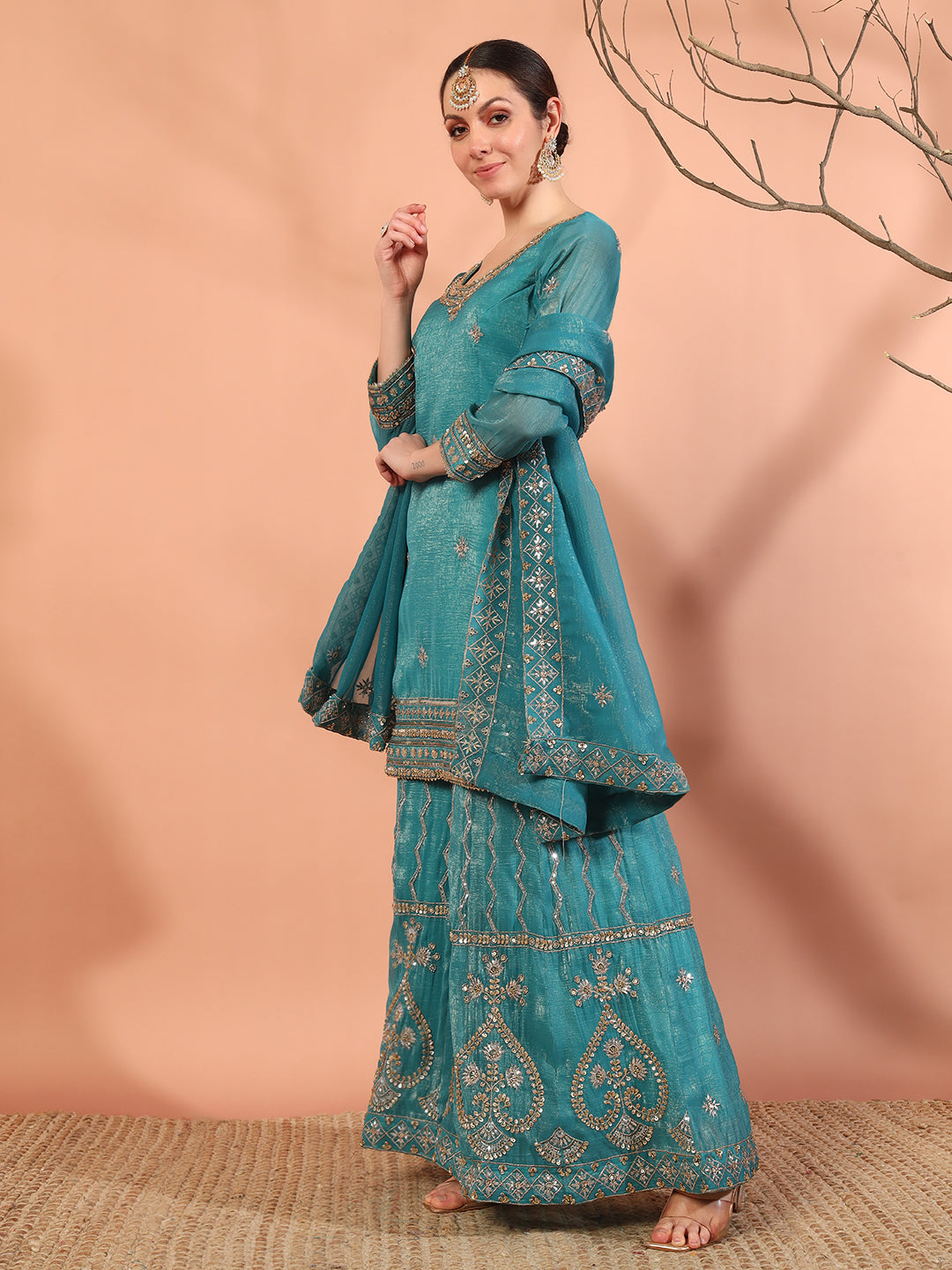Turquoise Blue Sequin,Cut-Dana & Aari Embroidery Kurta Palazzo Set & Ambi Ethnic Motifs