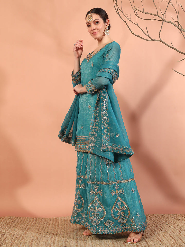Turquoise Blue Sequin,Cut-Dana & Aari Embroidery Kurta Palazzo Set & Ambi Ethnic Motifs