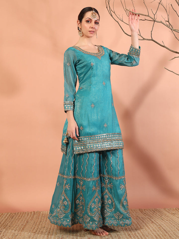 Turquoise Blue Sequin,Cut-Dana & Aari Embroidery Kurta Palazzo Set & Ambi Ethnic Motifs