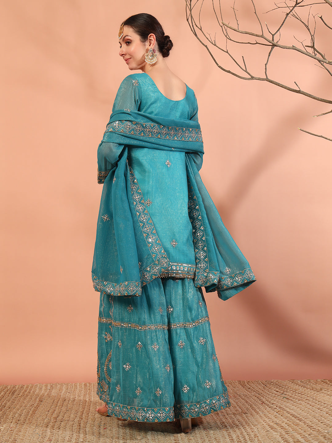 Turquoise Blue Sequin,Cut-Dana & Aari Embroidery Kurta Palazzo Set & Ambi Ethnic Motifs