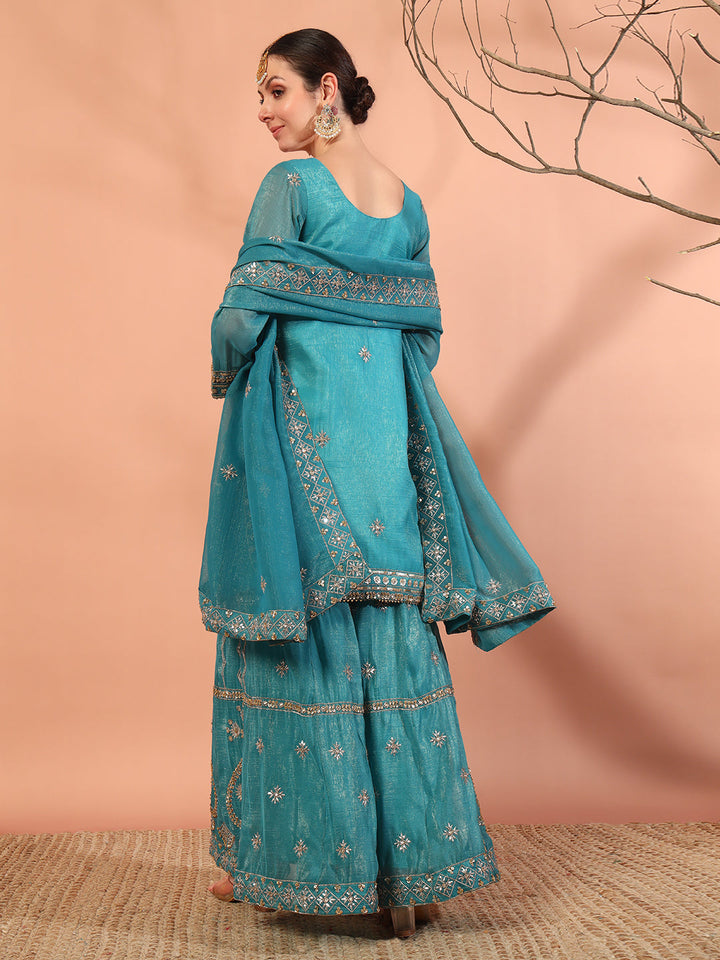 Turquoise Blue Sequin,Cut-Dana & Aari Embroidery Kurta Palazzo Set & Ambi Ethnic Motifs