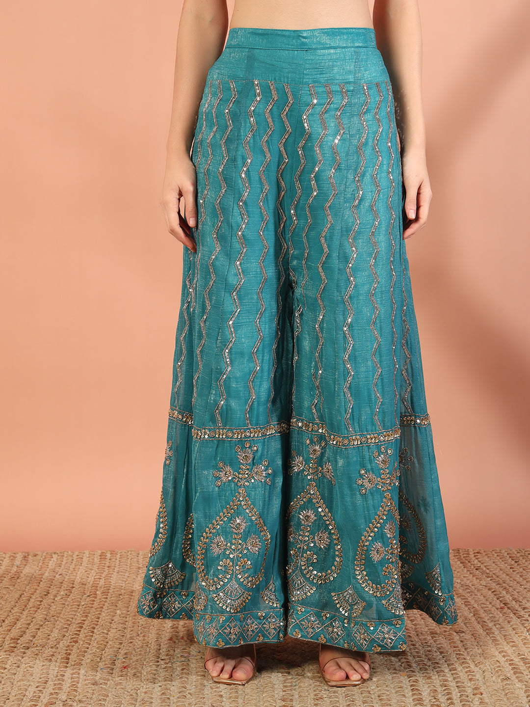 Turquoise Blue Sequin,Cut-Dana & Aari Embroidery Kurta Palazzo Set & Ambi Ethnic Motifs