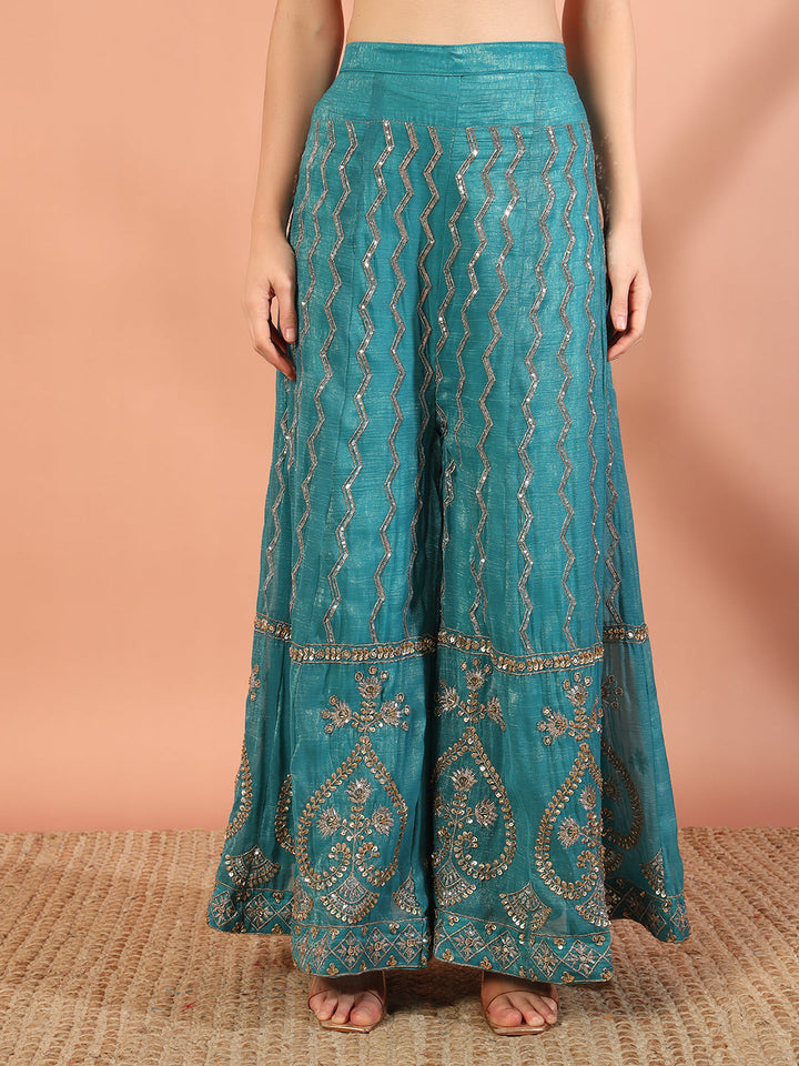 Turquoise Blue Sequin,Cut-Dana & Aari Embroidery Kurta Palazzo Set & Ambi Ethnic Motifs