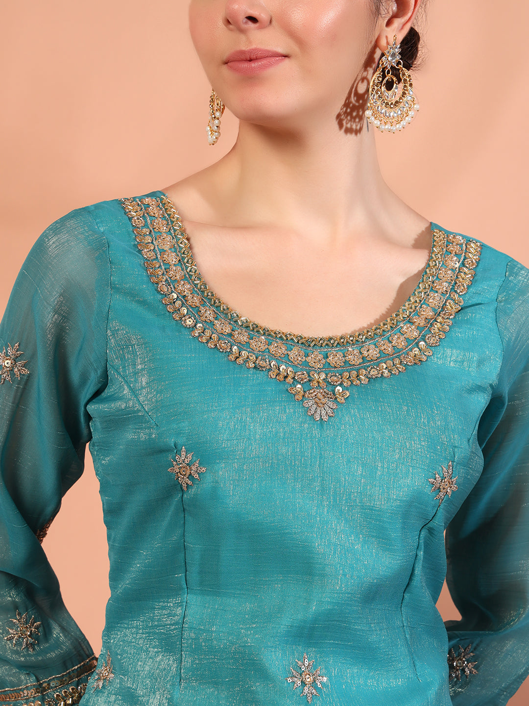 Turquoise Blue Sequin,Cut-Dana & Aari Embroidery Kurta Palazzo Set & Ambi Ethnic Motifs